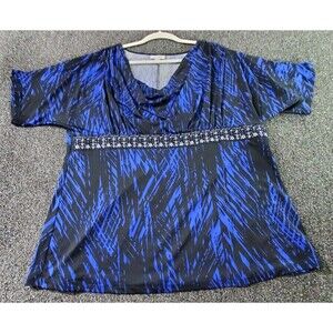 Fashion Bug Blouse Women's 1x Blue Black Babydoll Cowl Neck Beaded Embroidery